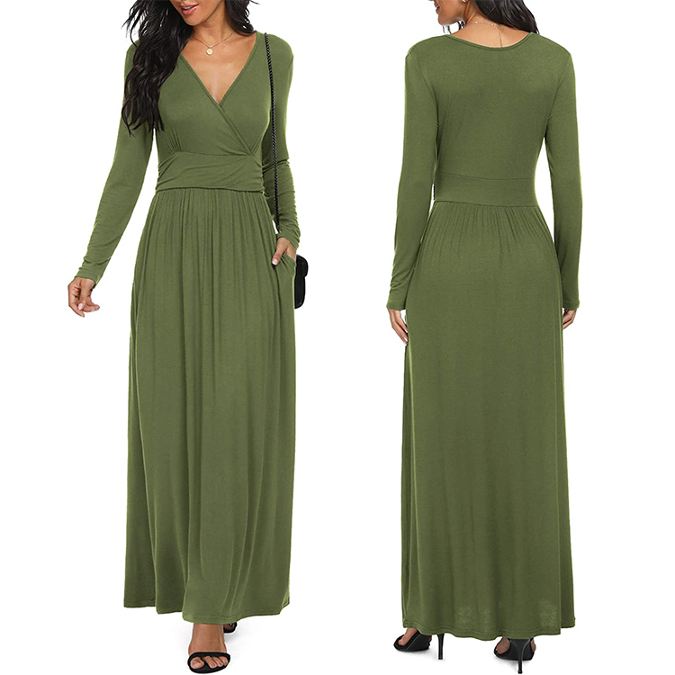 商品Alt模板：Women Long Sleeve Deep V Neck Loose Plain Long Maxi Casual Dress with Pockets - xtest